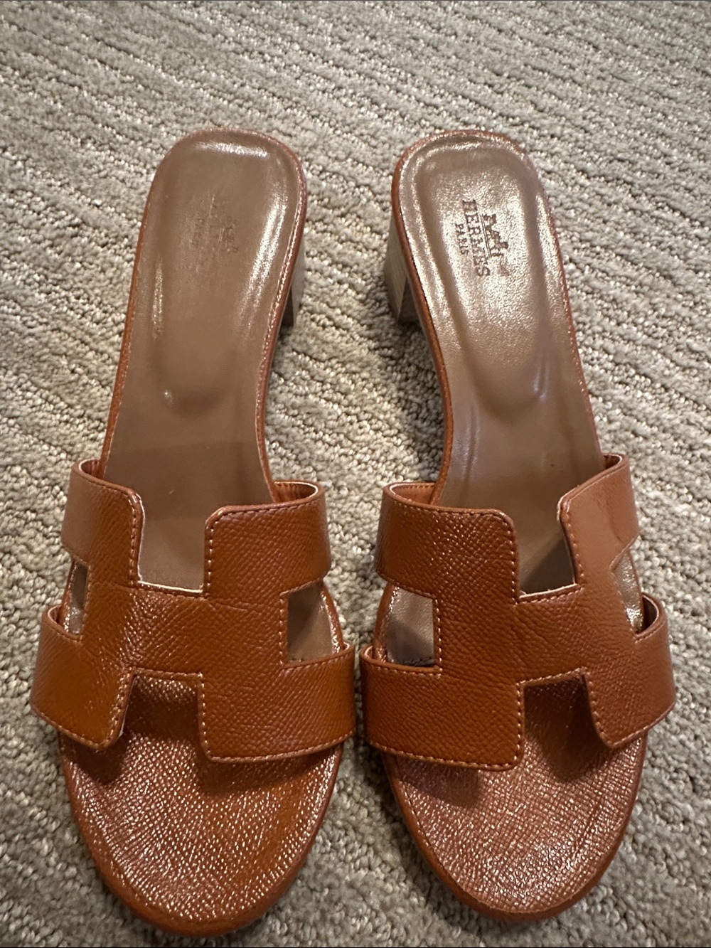 Women’s Tan Leather H Slide Sandals - New